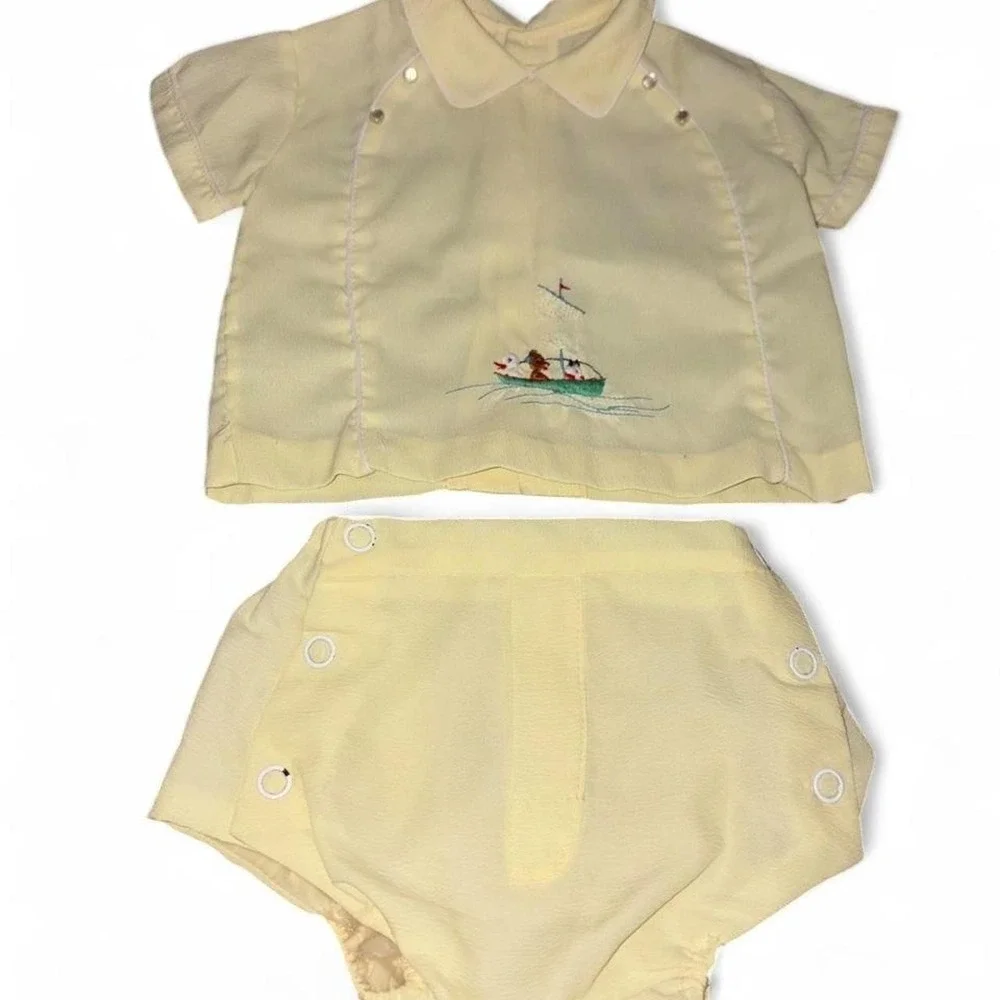 Vintage 1950s yellow baby boy sailor suit with embroidered sailboat 3-6 mo